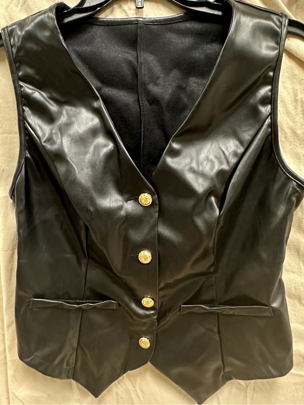 black golden button up fake leather vest vest jacket with v neck.